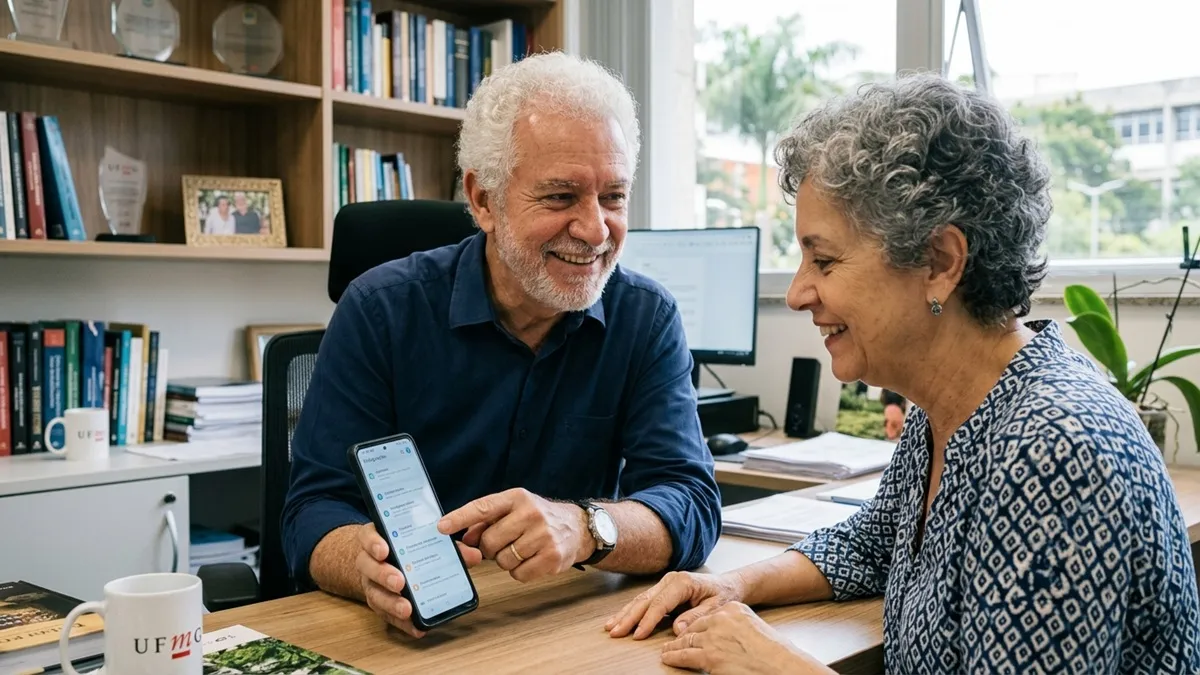 Professor de informática Marcos Fonseca demonstrando o uso de assistente de voz em smartphone para aluna idosa, focando em acessibilidade e autonomia digital.