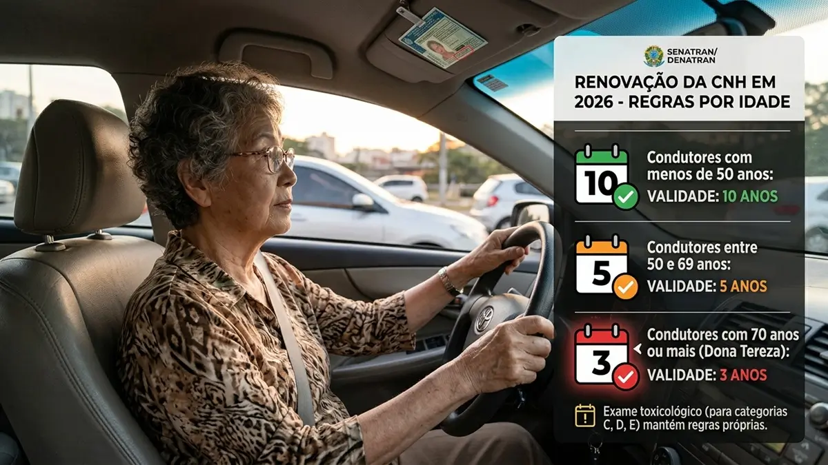 Motorista idoso dirigindo com atenção, ilustrando as regras de renovação da CNH em 2026