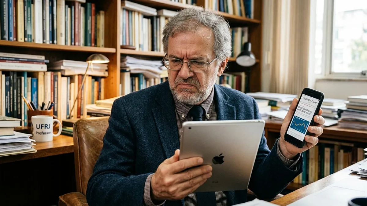 Professor de informática analisando notícia duvidosa no celular