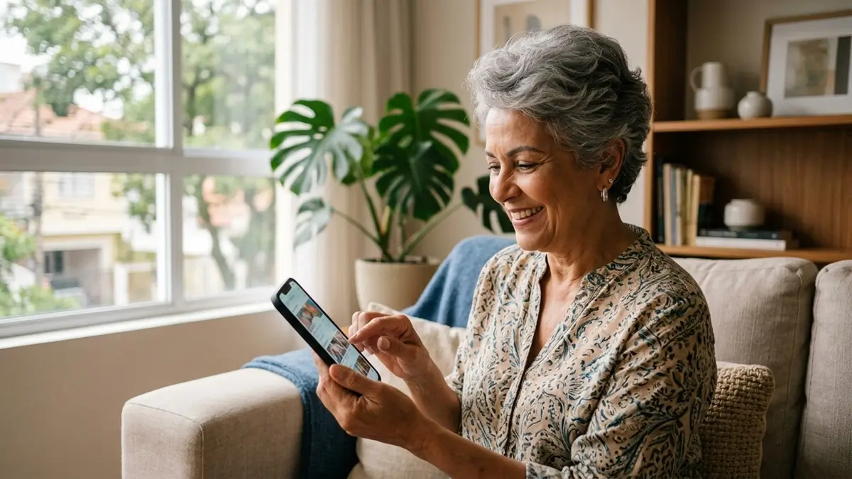 Idosa sorridente usando smartphone em casa, tecnologia para o público 60+ no Brasil