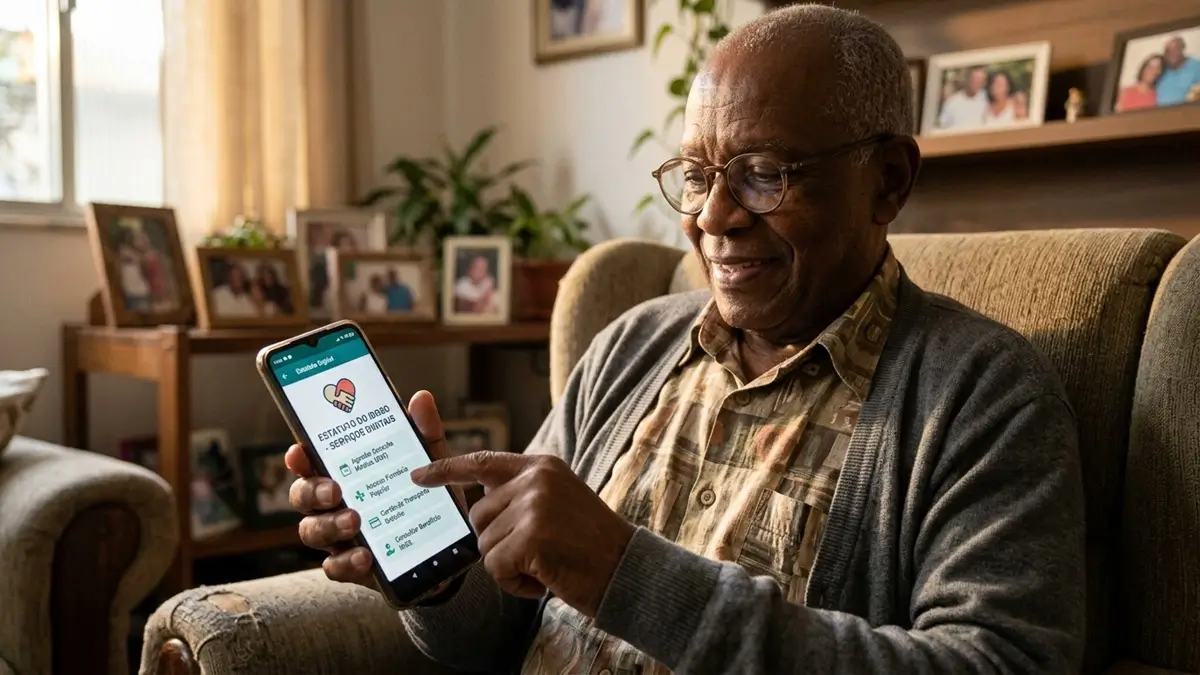 Pessoa idosa usando smartphone para acessar serviços digitais garantidos pelo Estatuto da Pessoa Idosa