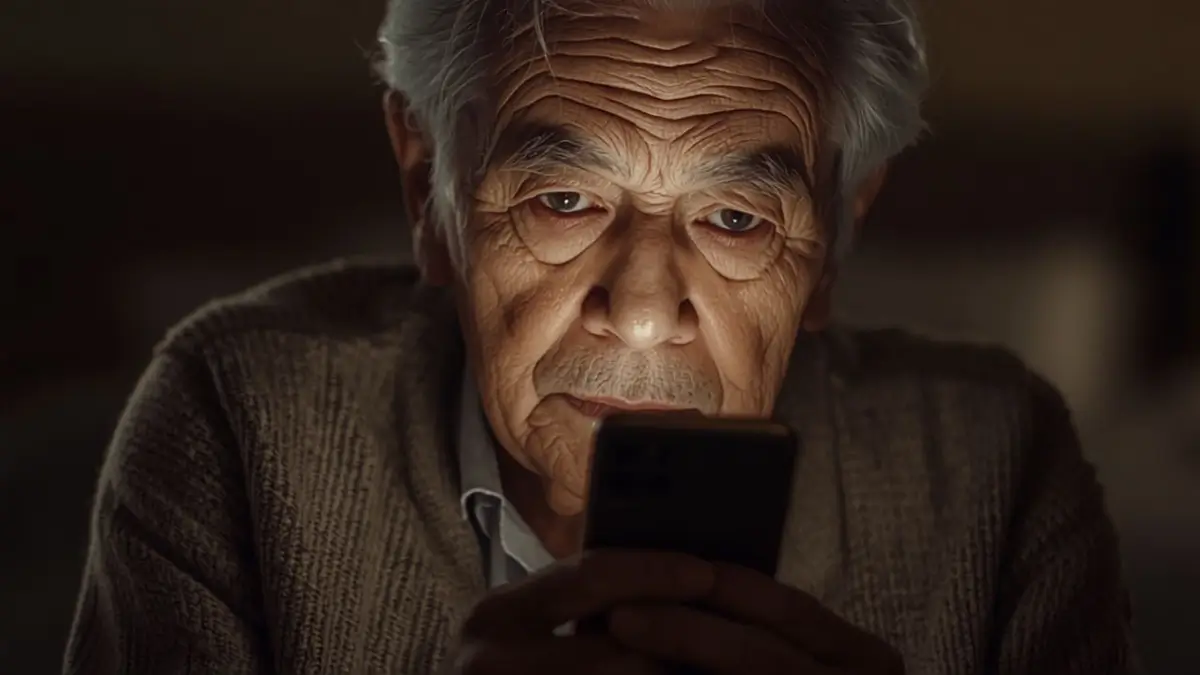 Pessoa 60+ analisando um vídeo no celular com expressão de dúvida, representando checagem de fake news