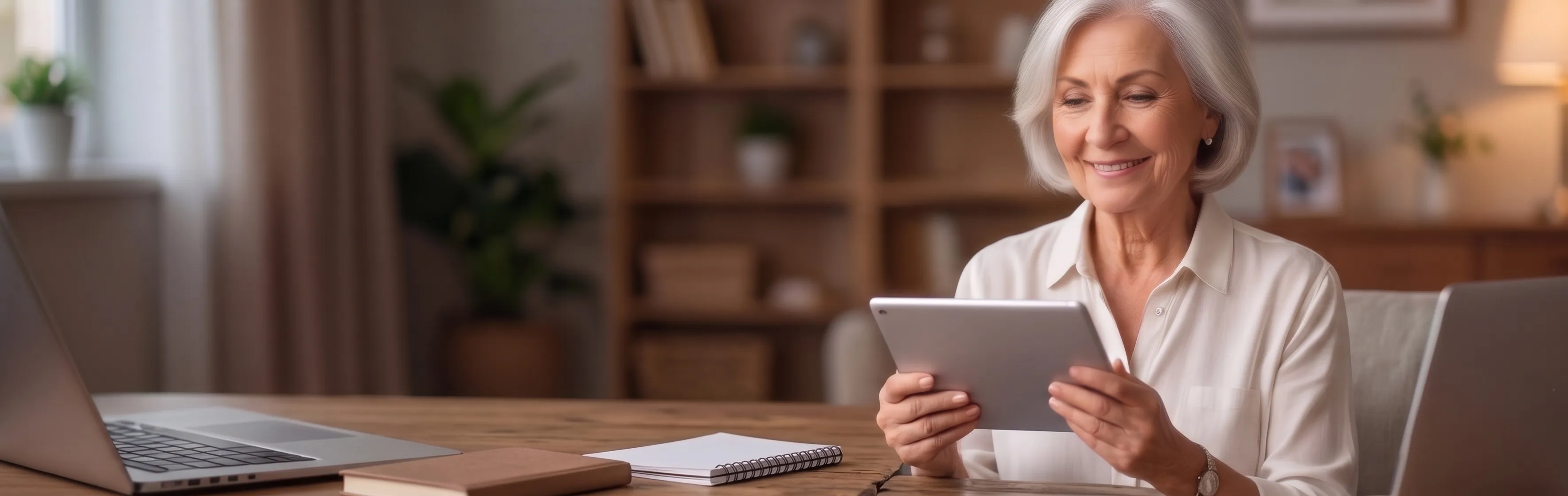 Senhora sorrindo enquanto usa tablet em casa, com laptop e caderno na mesa ao lado