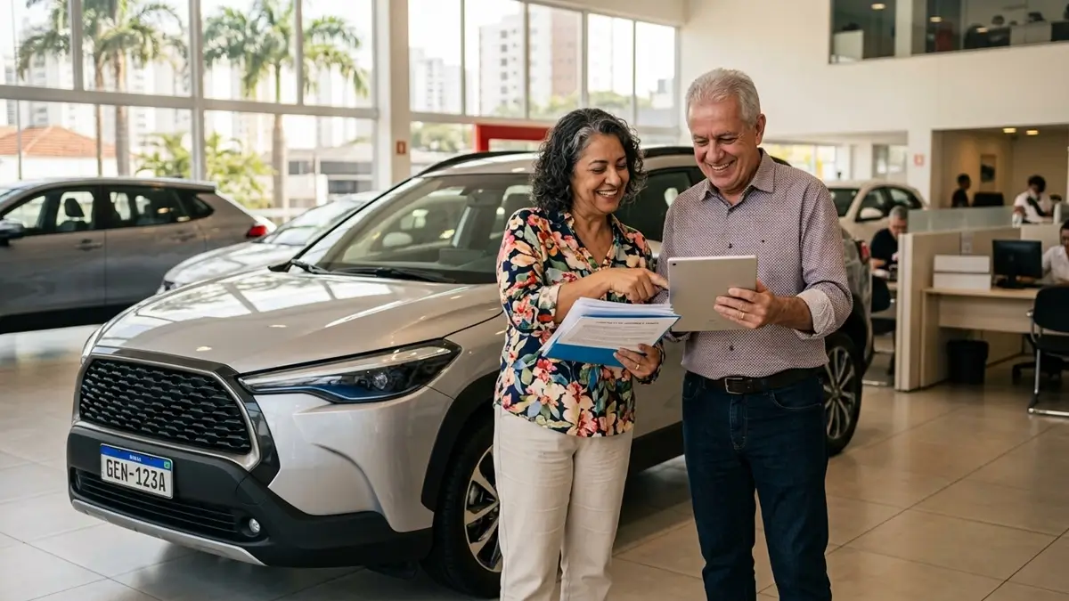 Casal de idosos analisando documentos junto a um carro em concessionária