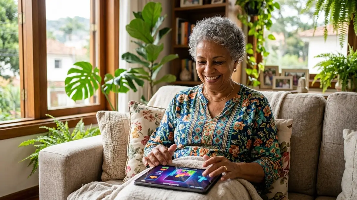 Idosa sorridente exercitando a mente com um jogo de quebra-cabeça em um tablet