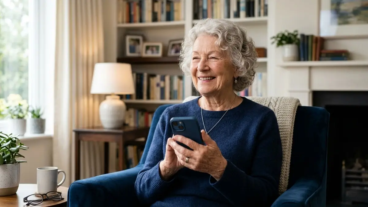 Pessoa idosa sorridente e aliviada segurando um smartphone após liberar espaço na memória do aparelho