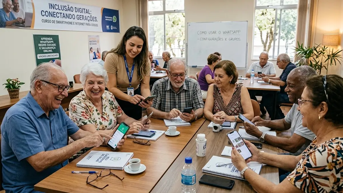 Pessoa idosa sorridente segurando um celular com confiança