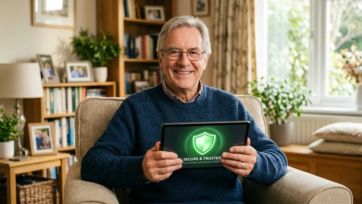 Pessoa idosa sorridente segurando um tablet com um ícone de escudo verde na tela, simbolizando segurança