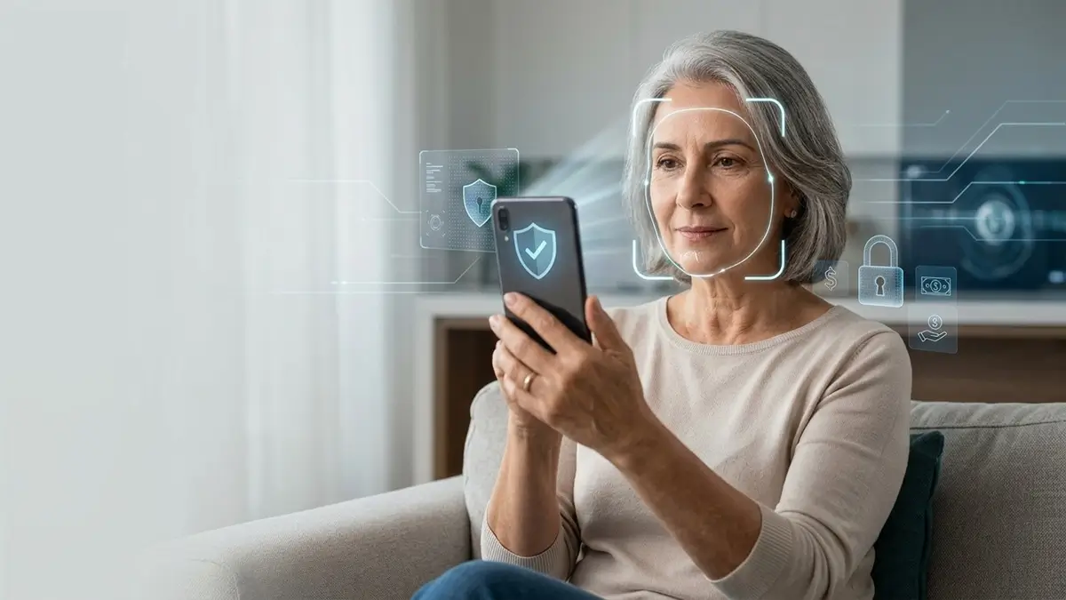 Pessoa idosa usando um smartphone para fazer reconhecimento facial, com um escudo de segurança digital na tela